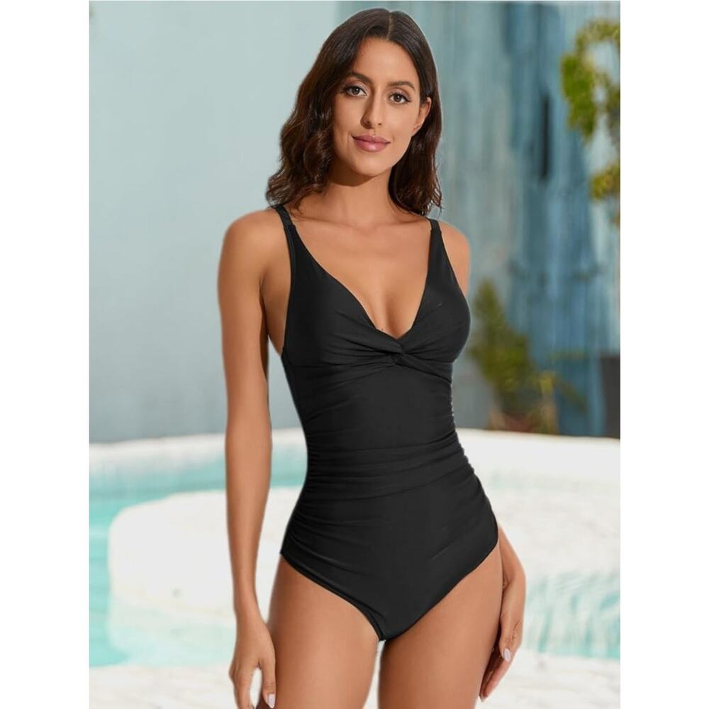 ◇32 MSRP $20 NWT SMISMIVO RUCHED V-NECK SLIMMING ONE-PIECE SWIMSUIT ♡SIZE L♡